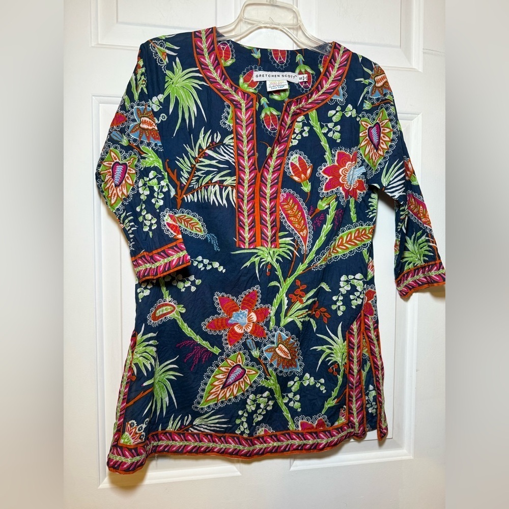 Gretchen Scott SMALL Princess Print Blouse Tunic Floral V Neck Navy Orange BOHO